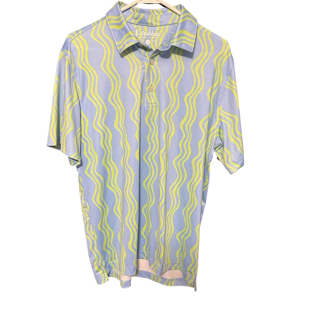 Chubbies Mens Performance Polo Shirt S Blue Green Wavy Stripe Stretch Coastal